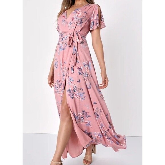 Lulus Dresses & Skirts - Lulus Dress XL Floral Mauve Pink Floral Print Maxi Faux Wrap Lined Romantic NWT